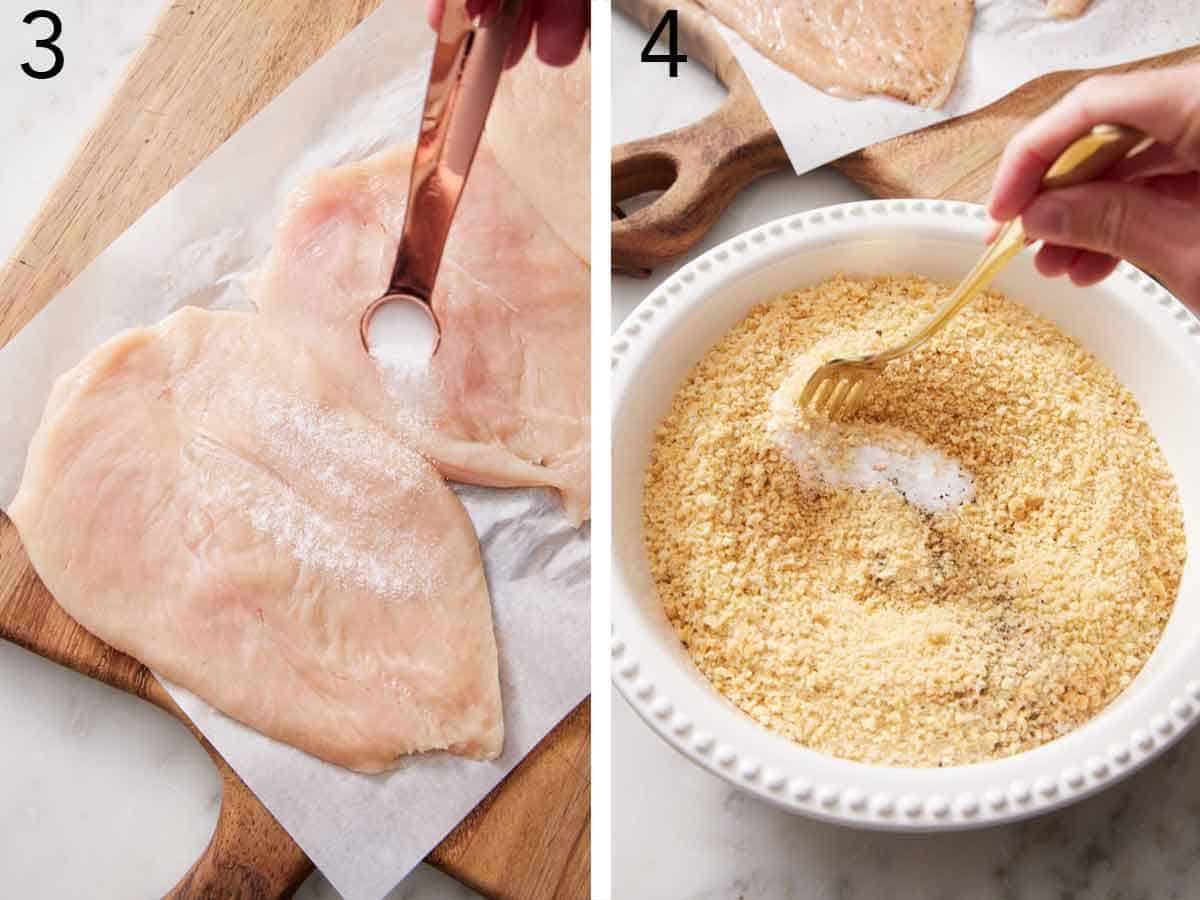 Set of two photos showing salt added to the sliced chicken and breadcrumbs.