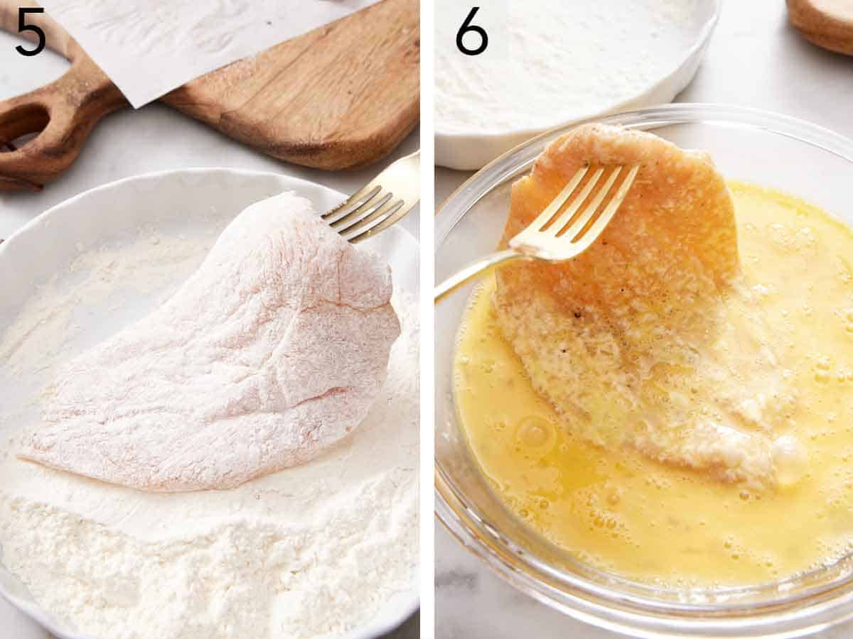 Set of two photos showing meat coated in flour and beaten eggs.