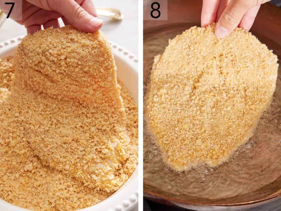 Set of two photos showing the chicken coated in breadcrumbs then added to a skillet of oil.