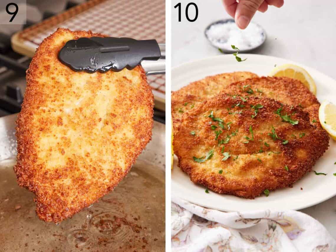 Set of two photos showing the chicken schnitzel taken out of the hot oil and garnished with chopped parsley.