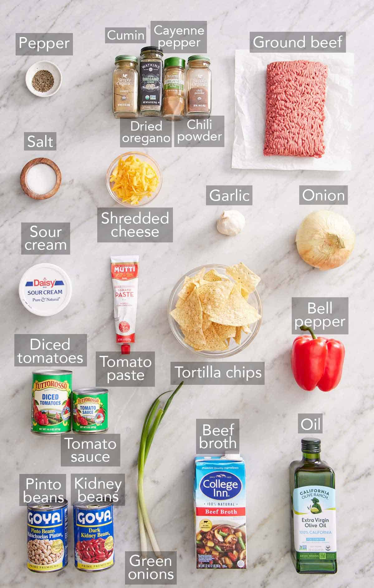 Ingredients needed to make chili.