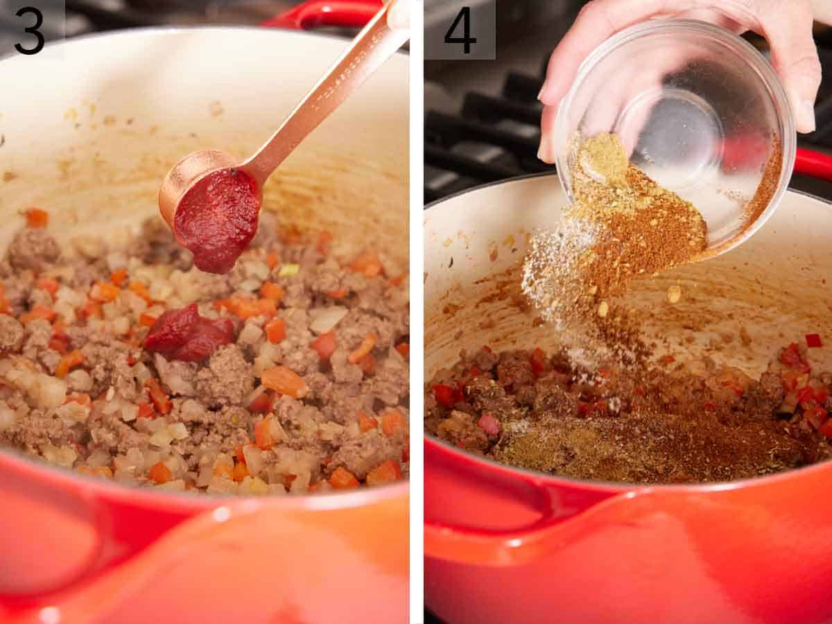 Set of two photos showing tomato paste and seasoning added to the dutch oven.