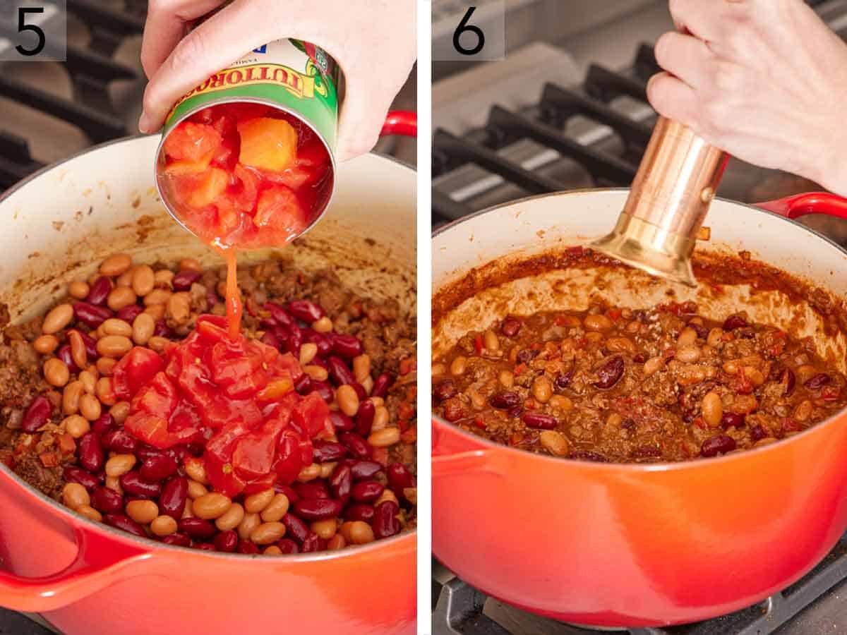 Set of two photos showing beans and canned diced tomatoes added to the pot then fresh pepper cracked on top.