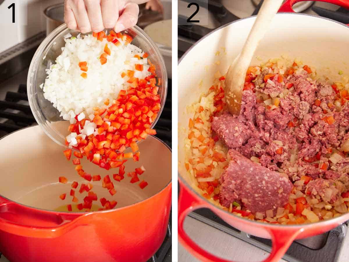 Set of two photos showing diced bell peppers and onions added to a dutch oven and then ground beef added.