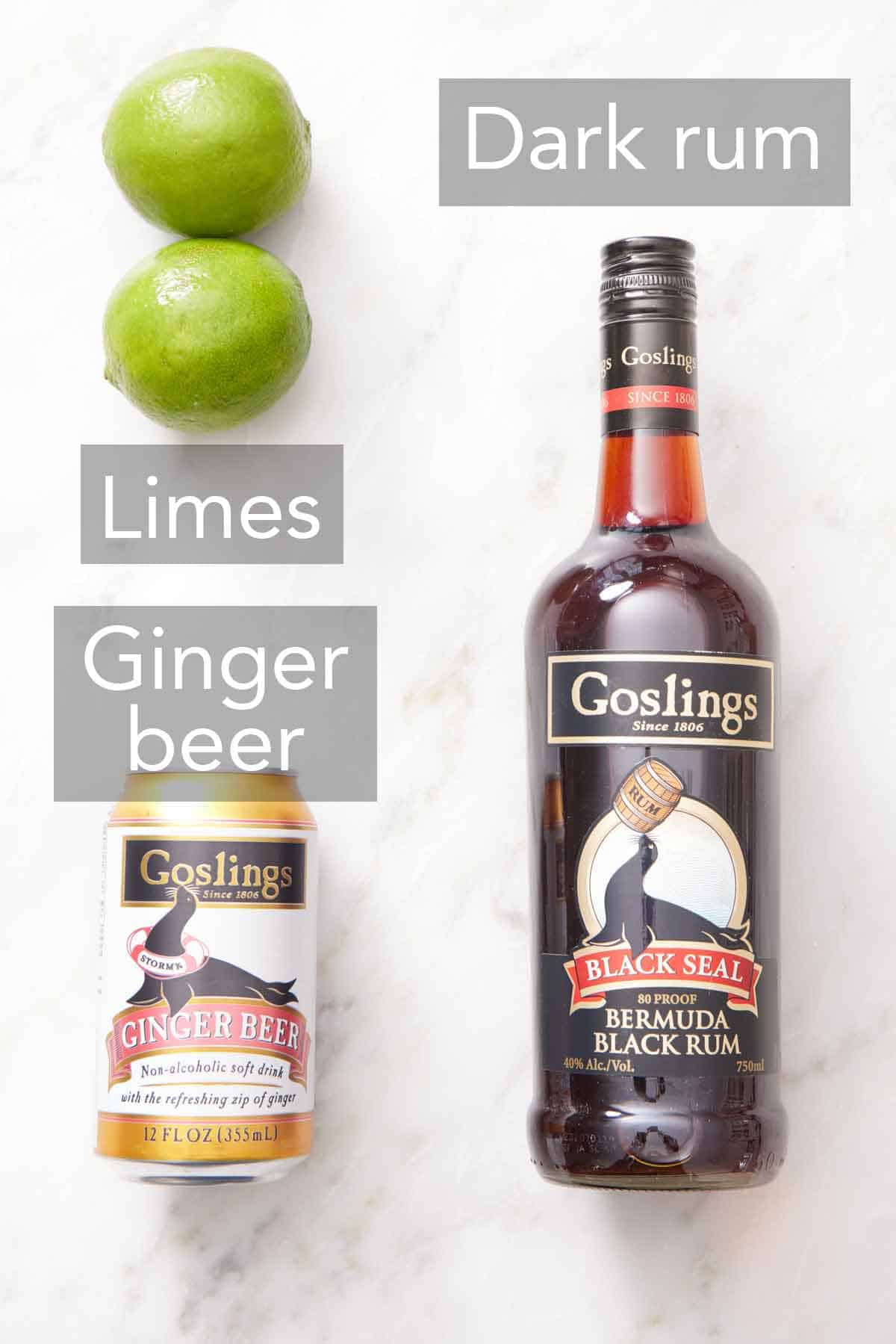 Ingredients needed to make a Dark and Stormy cocktail.