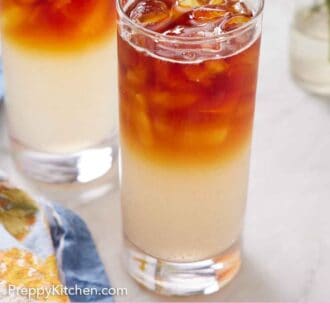 Pinterest graphic of two glasses of Dark and Stormy before stirring.