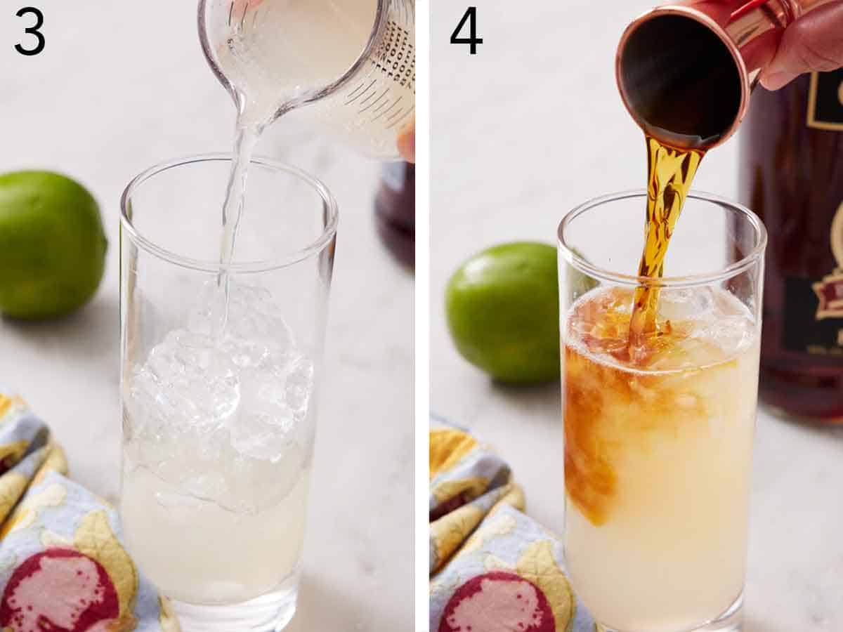 Set of two photos showing ginger beer and rum added to the glass.