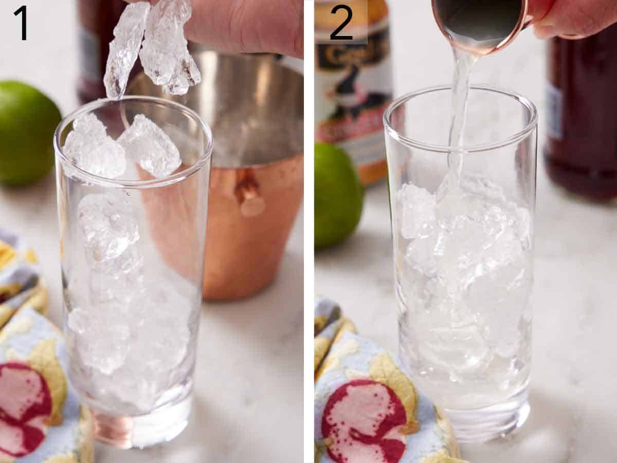 Set of two photos showing ice and lime juice added to a glass.