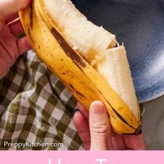 Pinterest graphic of a ripened banana partially peeled and being squeezed out into a bowl.