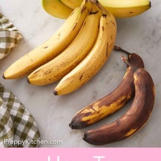 Pinterest graphic of three bundles of bananas, one slightly green, one spotty brown, and one super ripe.