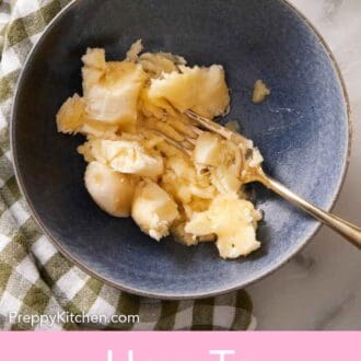 Pinterest graphic of ripe banana mashed with a fork in a bowl.