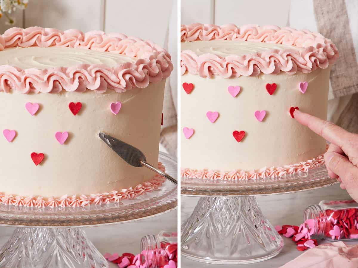 Set of two photos showing heart sprinkles added to the cake.