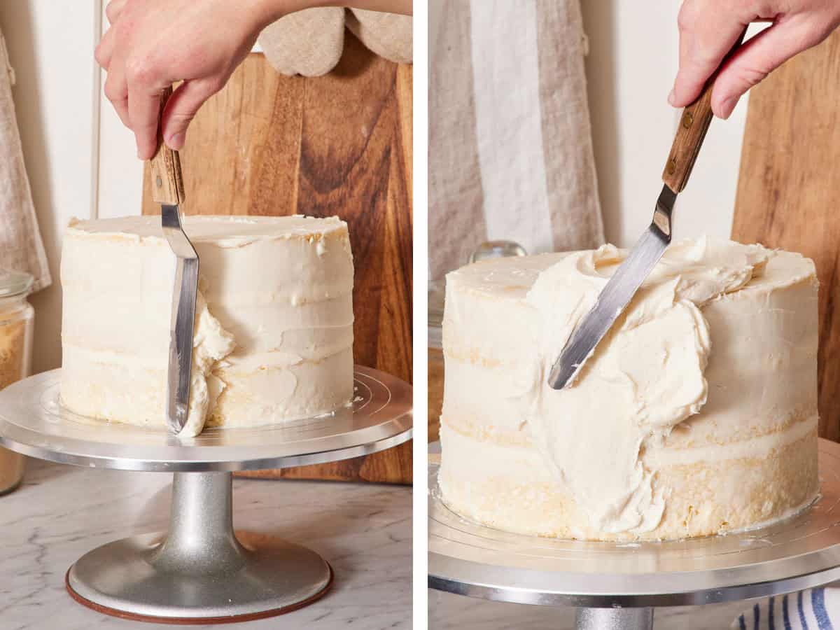 Set of two photos showing a crumb coating spread onto a cake.