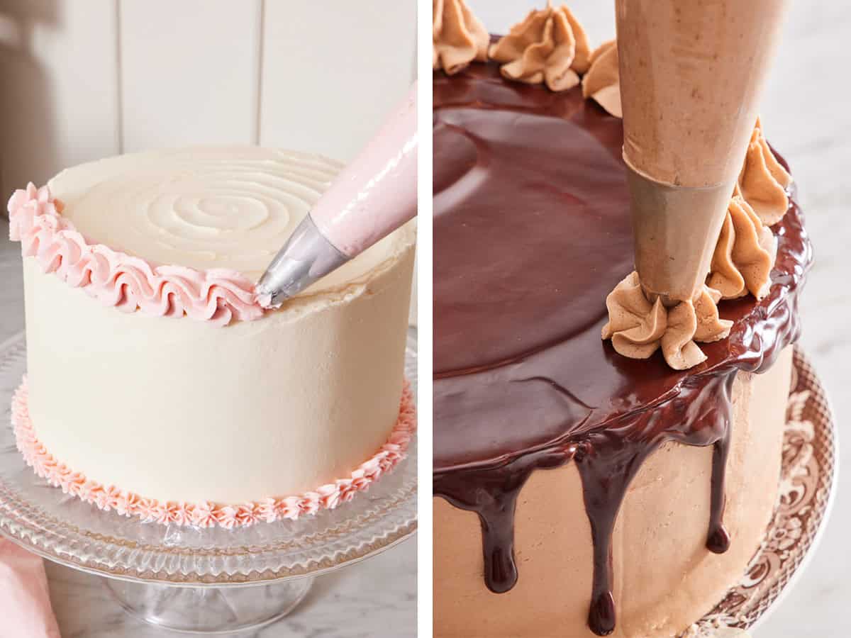 Set of two photos showing how to pipe a cake decoratively.