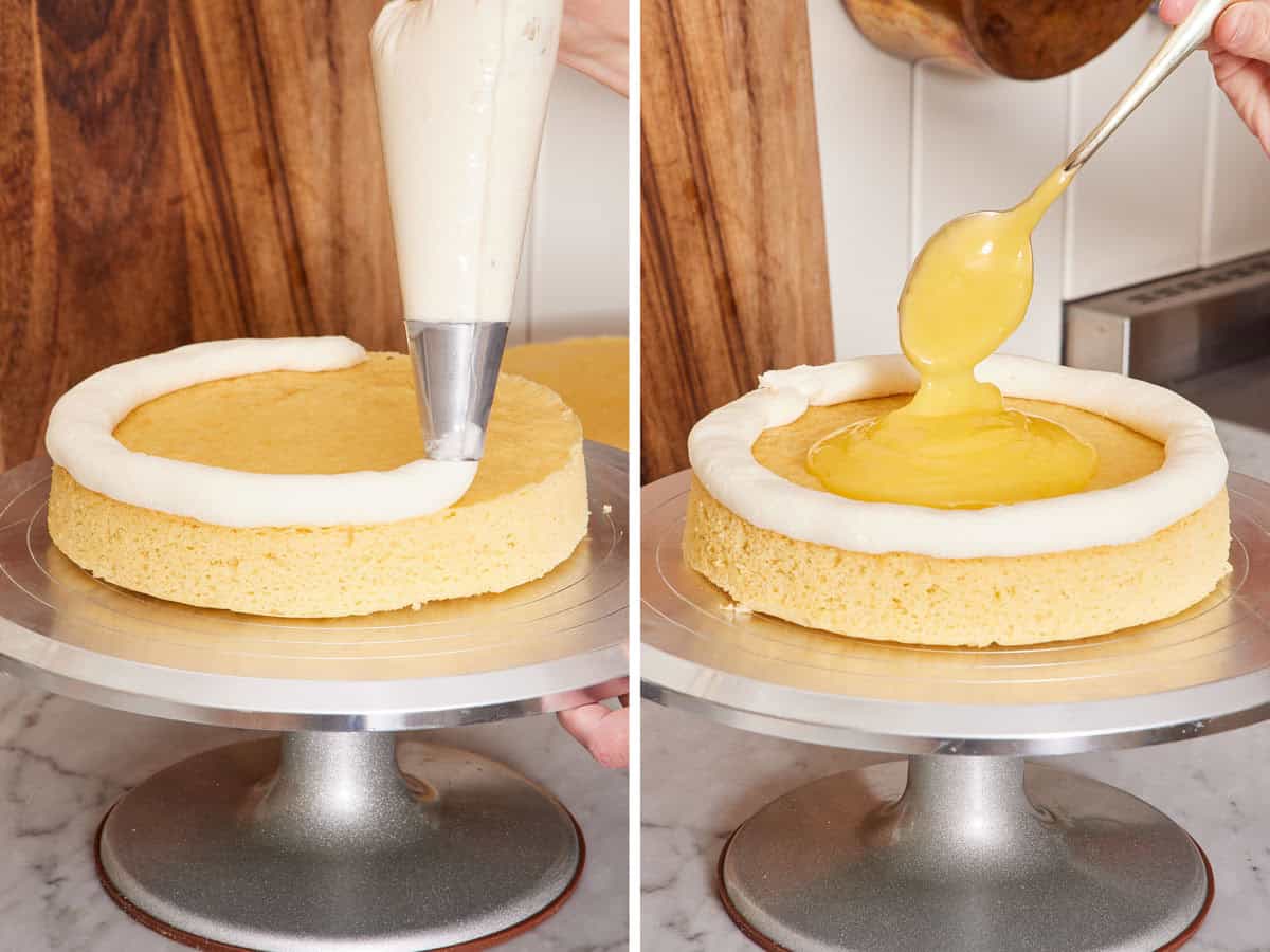 Set of two photos showing frosting piped around the edge of a cake and filling spooned into the center.