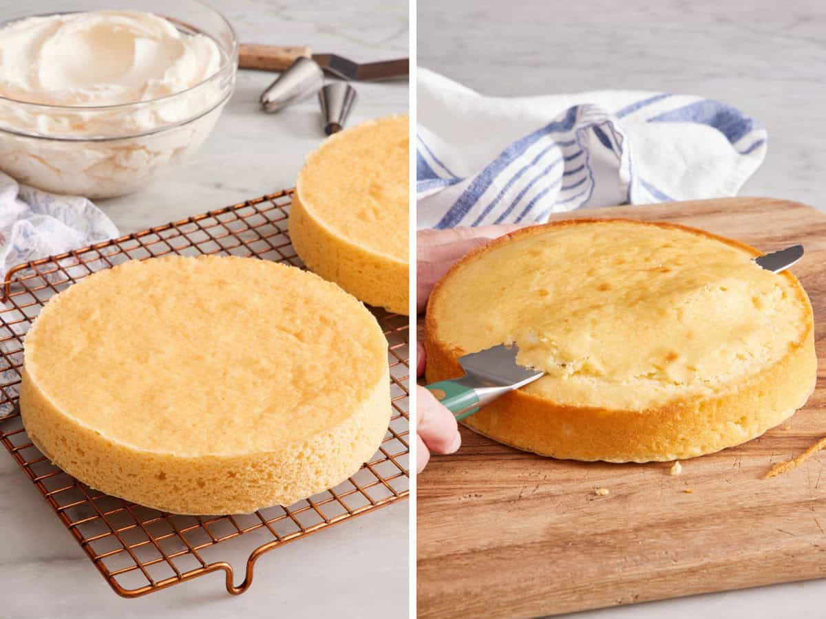 Set of two photos showing flat cake layers on a cooling rack and how to cut off the dome of non-flat layers.