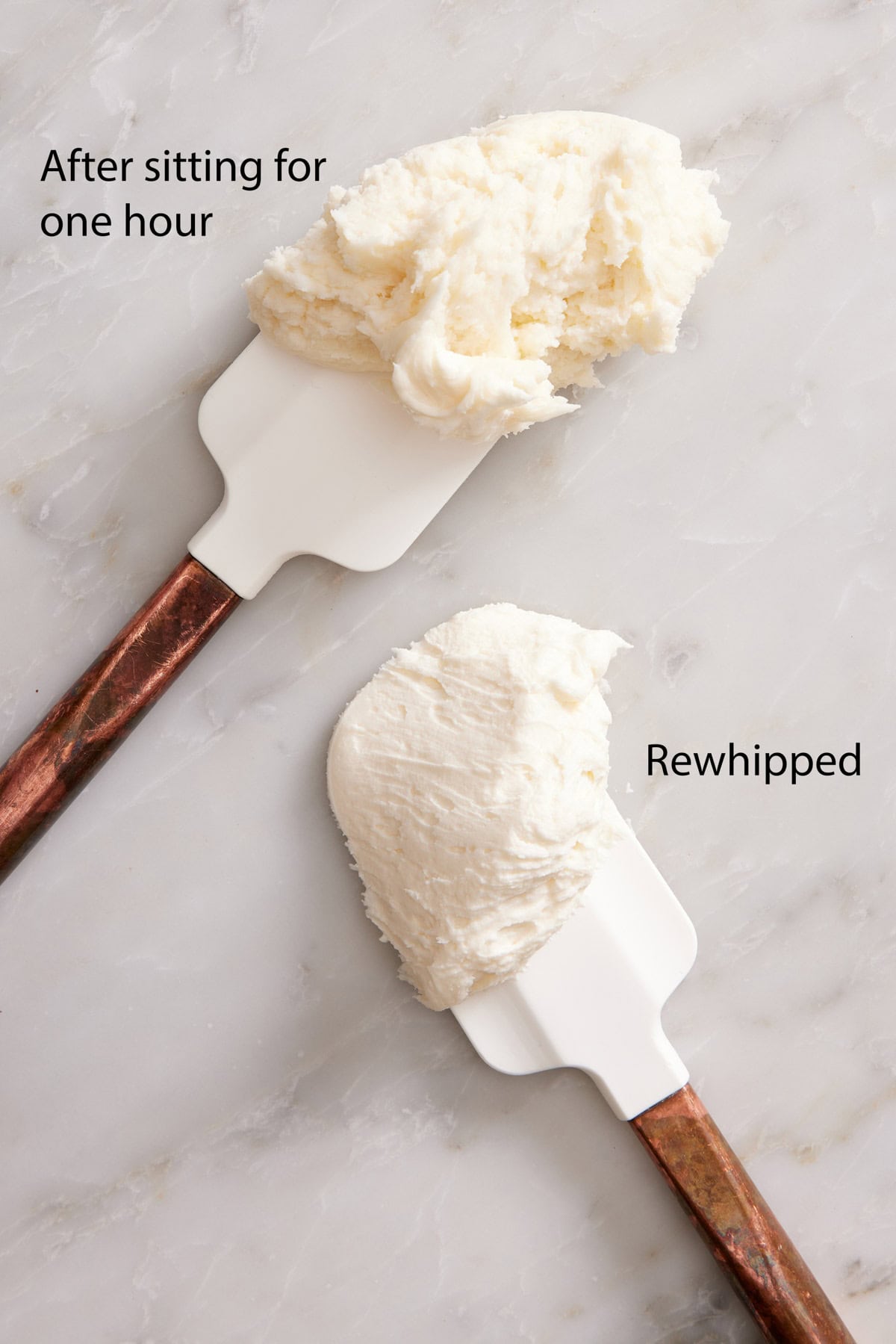 Two spatulas with frosting on them showing how it looks after sitting for an hour and frosting rewhipped.