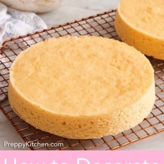 Pinterest graphic of flat cake layers on a cooling rack.