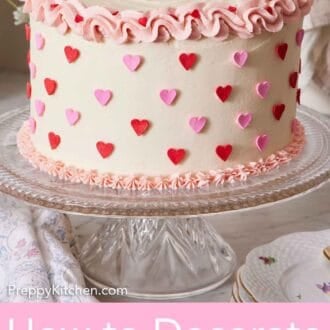 Pinterest graphic of a cake on a cake stand with pink piping and heart sprinkles.