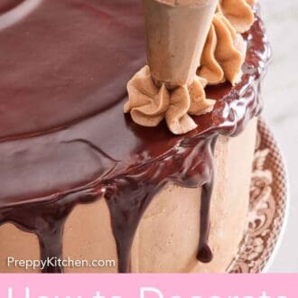 Pinterest graphic of chocolate frosting piped over chocolate ganache on a cake.