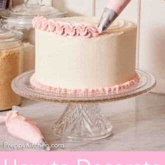 Pinterest graphic of pink frosting piped over a white cake on a cake stand.