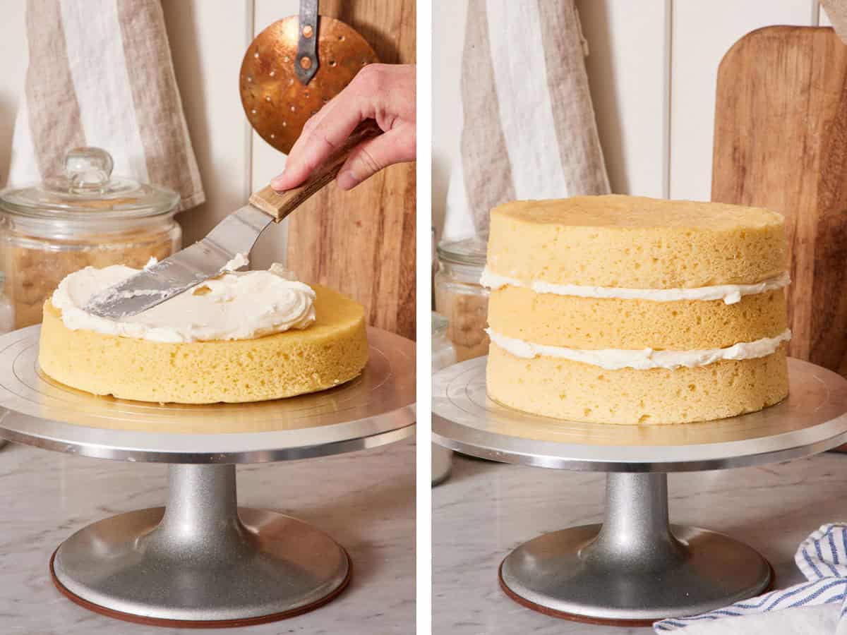 Set of two photos showing frosting spread over the top of a cake and layered with more cakes and frosting.