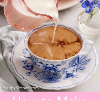 Pinterest graphic of heavy cream poured into a cup of tea with on a plate.