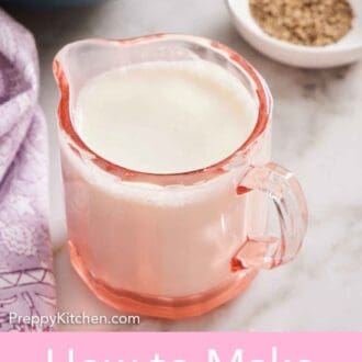 Pinterest graphic of a mini jug with homemade heavy cream. A bowl of pepper and soup in the background.