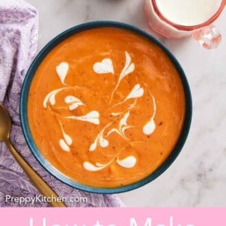 Pinterest graphic of overhead view of soup with heavy cream drizzled in. A mini jug of heavy cream and bowl of pepper beside it.