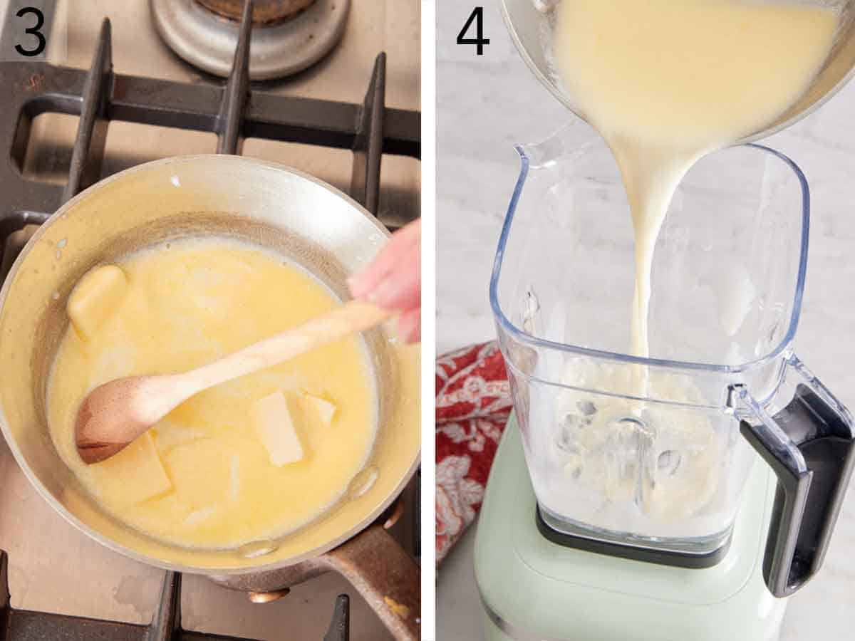 Set of two photos showing milk and butter stirring in a pot and then transferred to a blender.