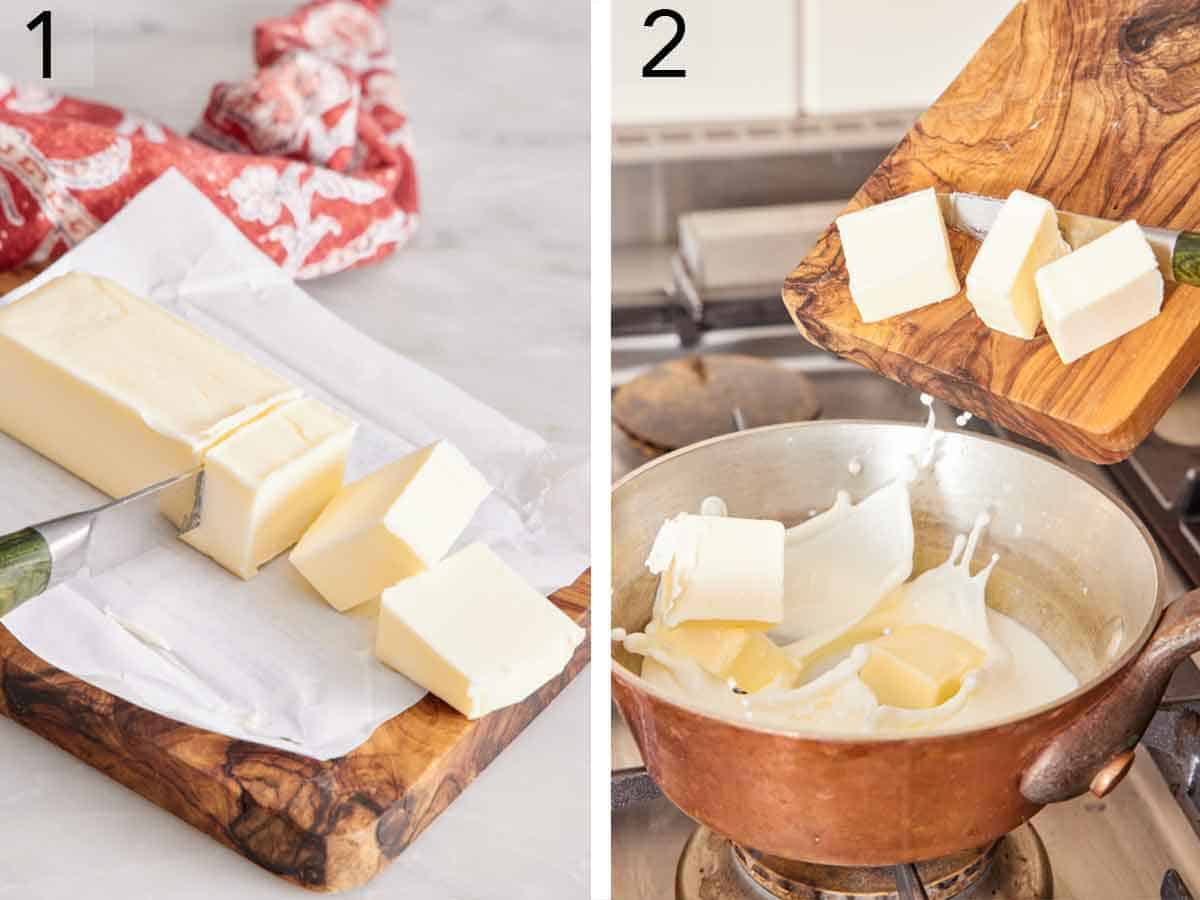 Set of two photos showing butter cut and added to a small pot of milk.