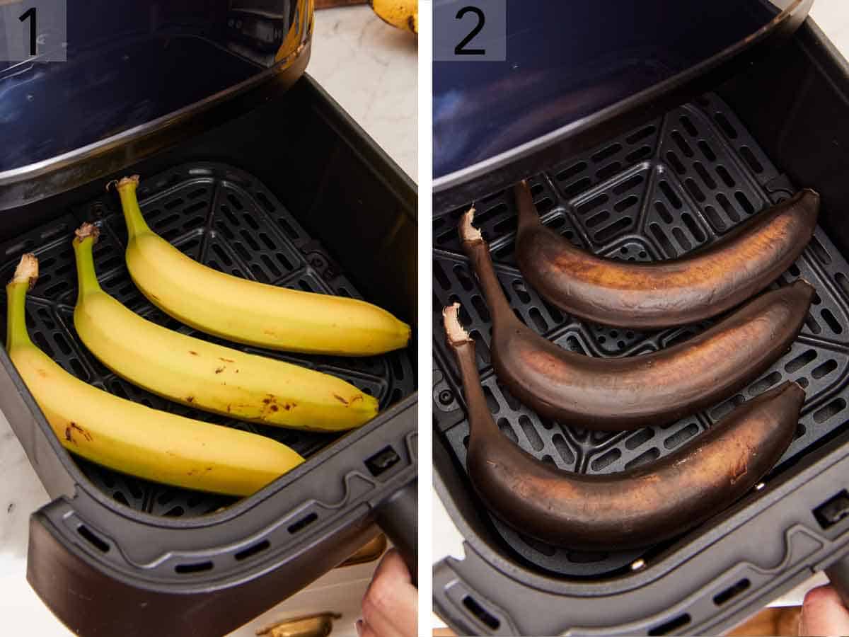 Set of two photos showing three bananas before and after ripened in the air fryer.