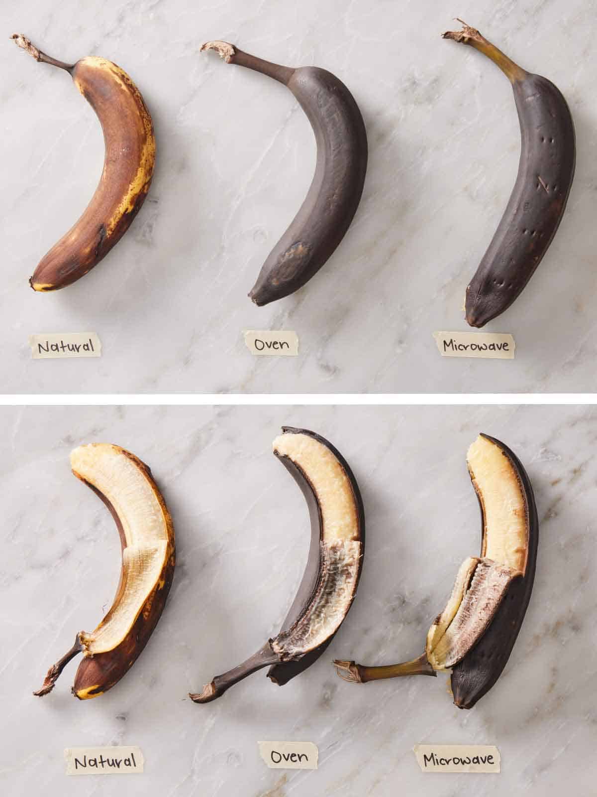 A comparison photo of three bananas showing natural ripeness, oven ripened, and microwave ripened with a second photo showing their interior with the peel down.