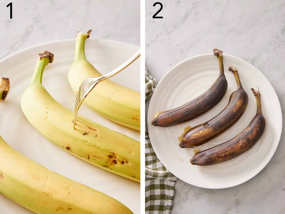 Set of two photos showing a fork pricking a banana on a plate and then a plate with three microwave ripened bananas.