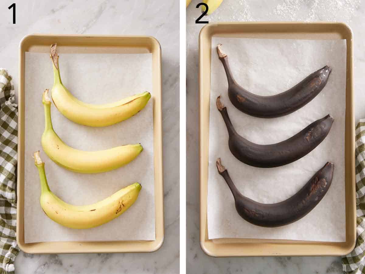 Set of two photos showing before and after three bananas are ripened in the oven.