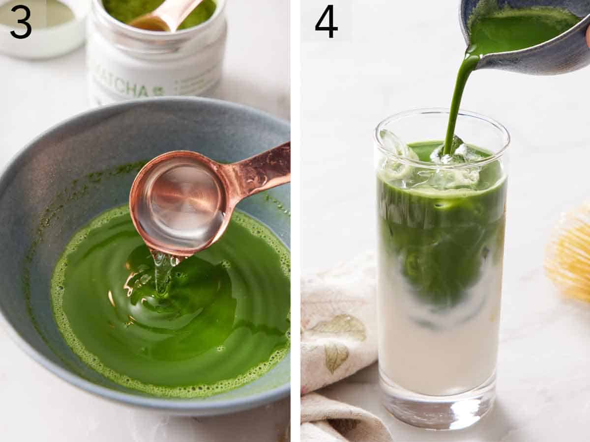 Set of two photos showing water added to the whisked matcha then poured over a glass of milk with ice.