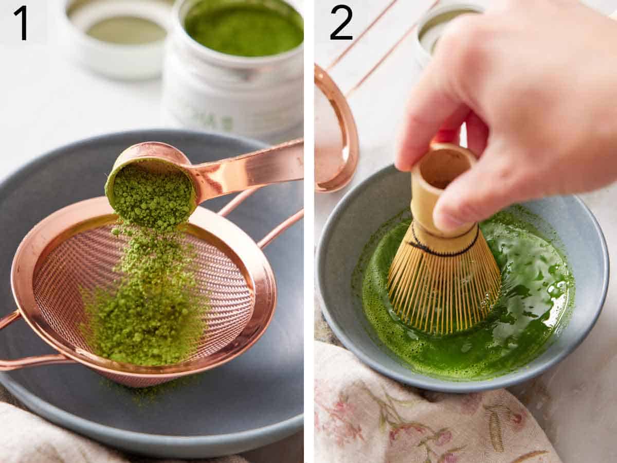 Set of two photos showing matcha sifted and whisked in a bowl.