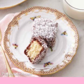 Pinterest graphic of a plate with a lamington and a half with the interior facing up.