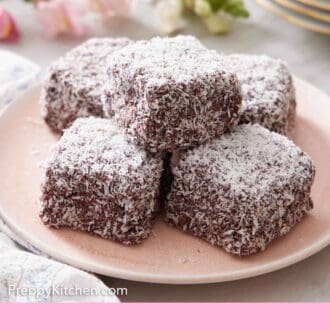 Pinterest graphic of a pink plate with a small pile of five lamingtons.