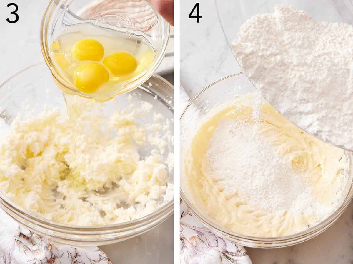 Set of two photos showing eggs added into the creamed butter and dry ingredients added.