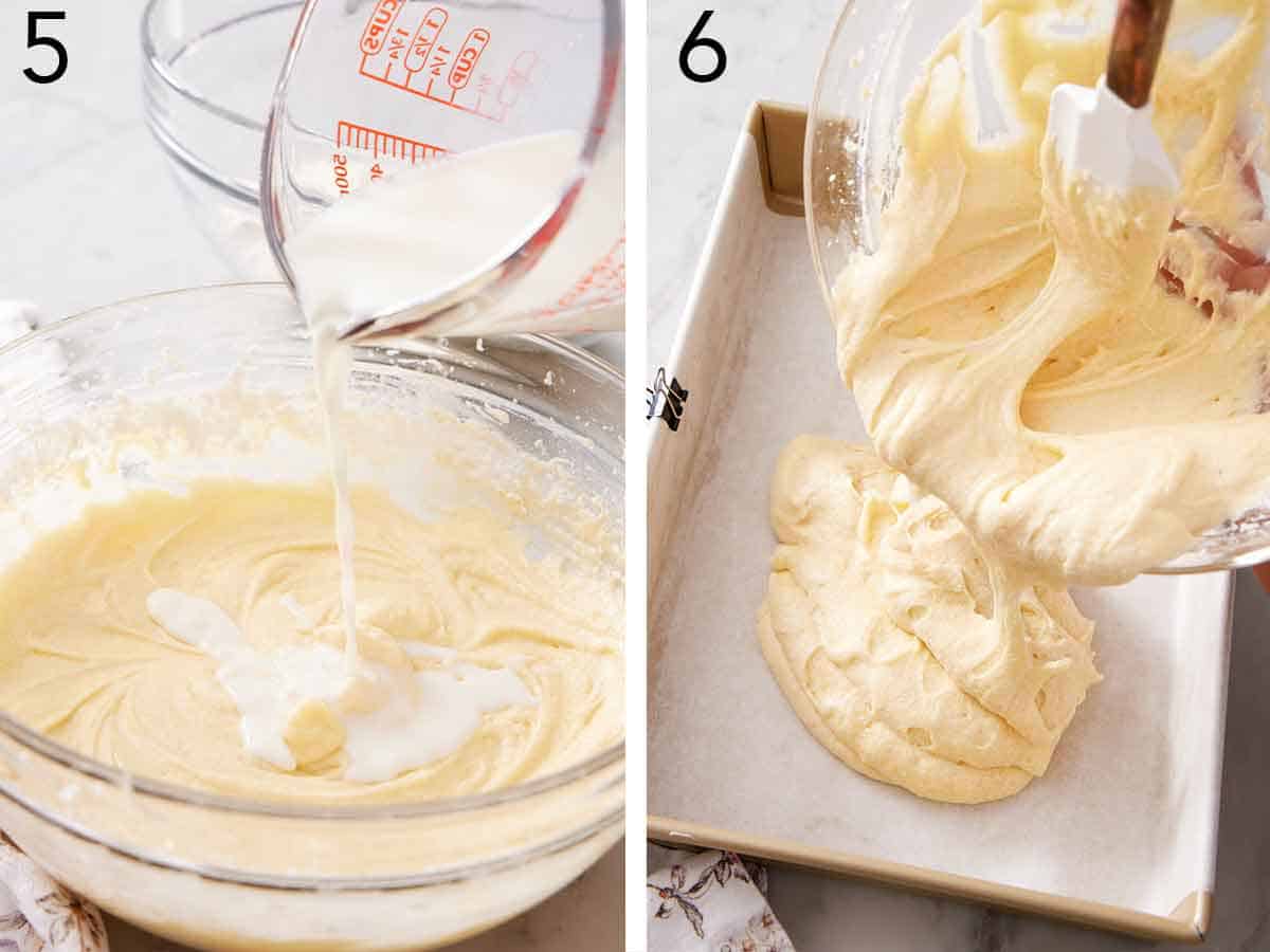 Set of two photos showing milk added to the mixture and batter spread onto a baking dish.