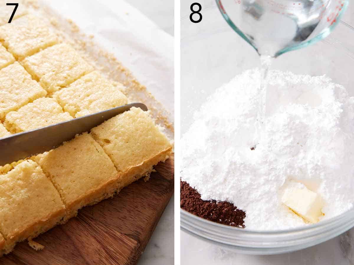 Set of two photos showing cake cut into squares and water added to a bowl of powdered sugar, cocoa powder, and butter.