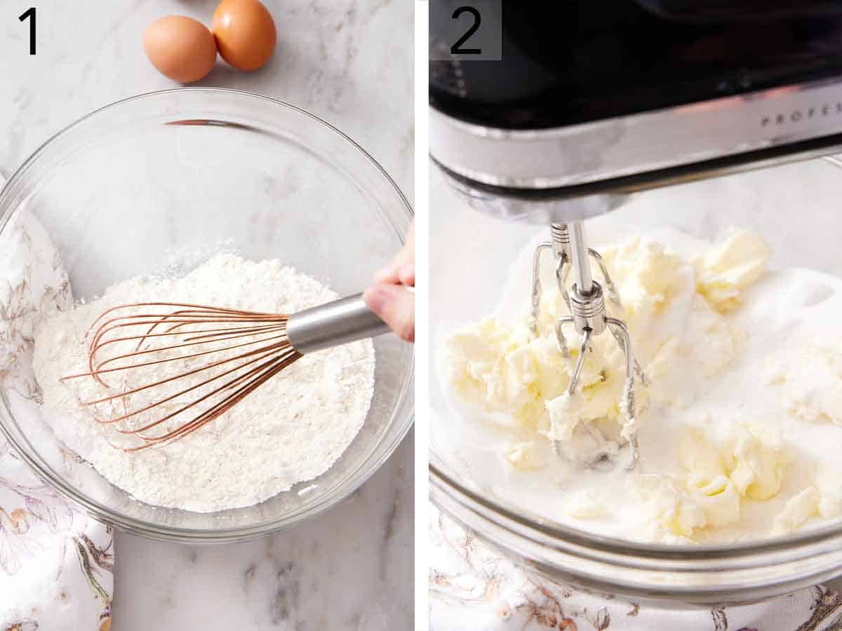 Set of two photos showing dry ingredients whisked in a bowl and butter beaten with sugar.