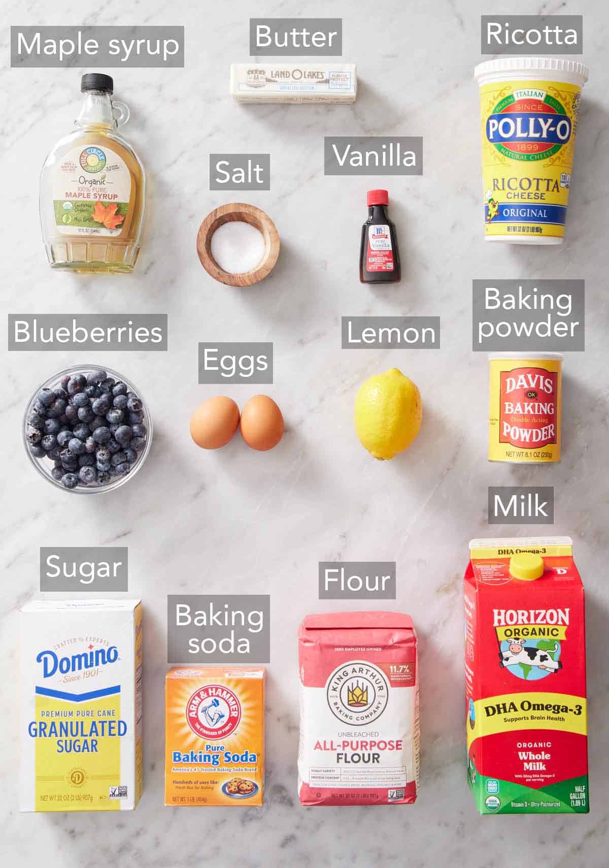 Ingredients needed to make lemon ricotta pancakes.