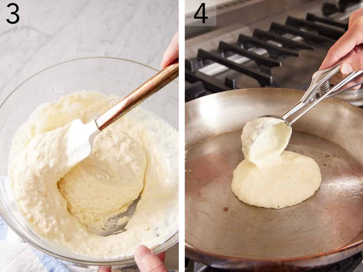 Set of two photos showing batter stirred together and scooped onto a skillet.