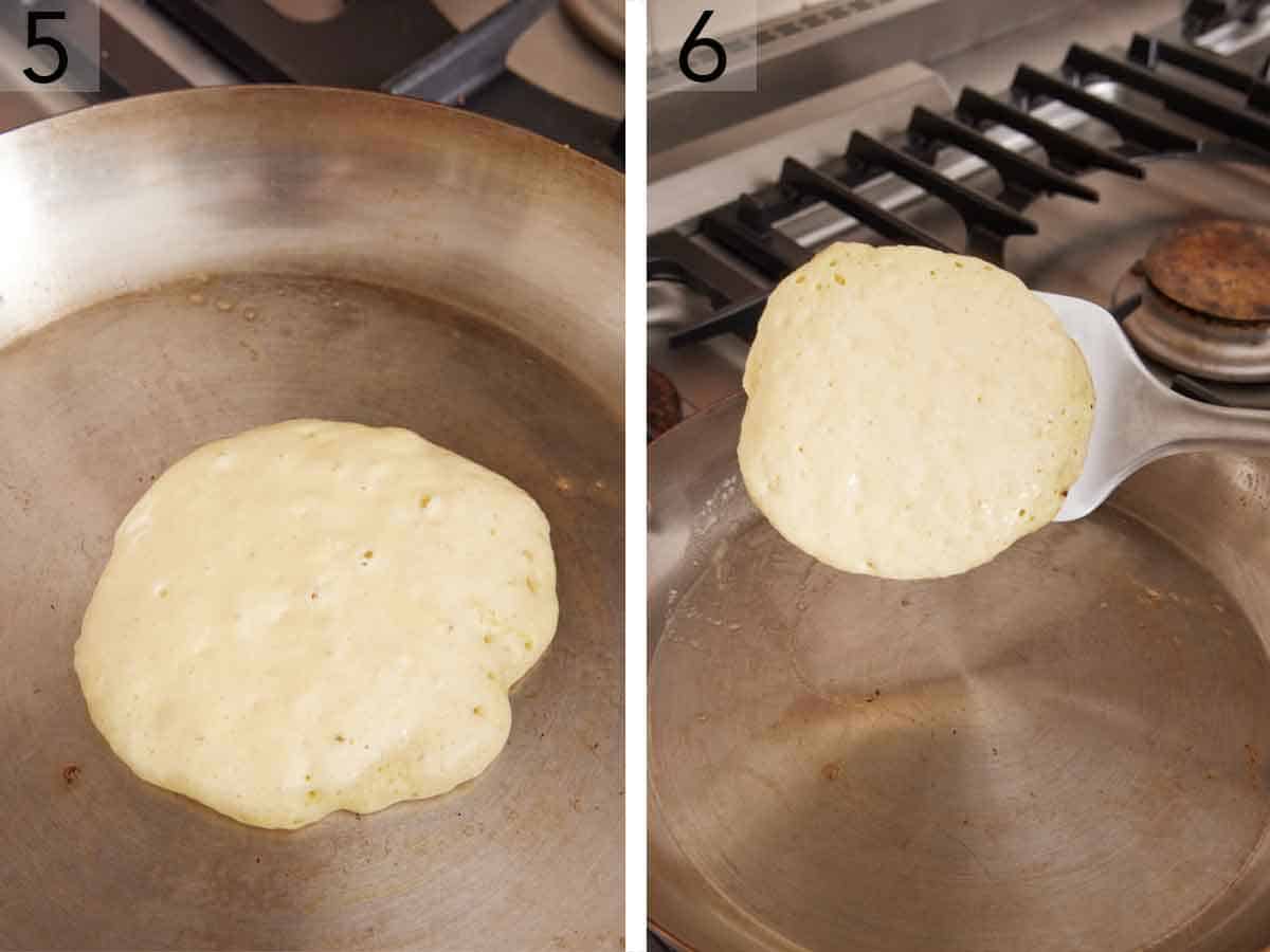 Set of two photos showing pancake batter in a skillet with some bubbles then flipped.