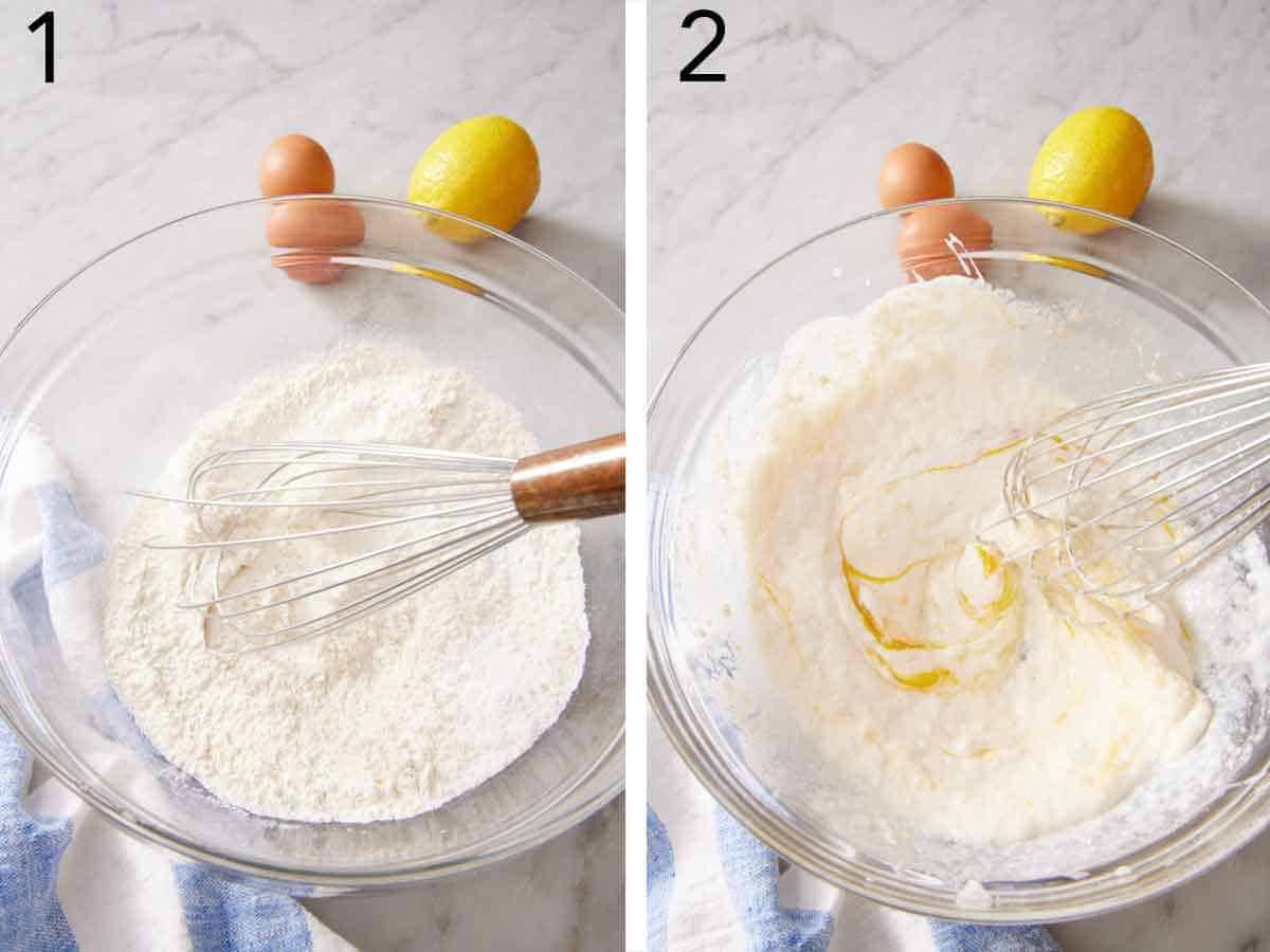 Set of two photos showing dry ingredients whisked in a bowl and wet ingredients whisked in another.