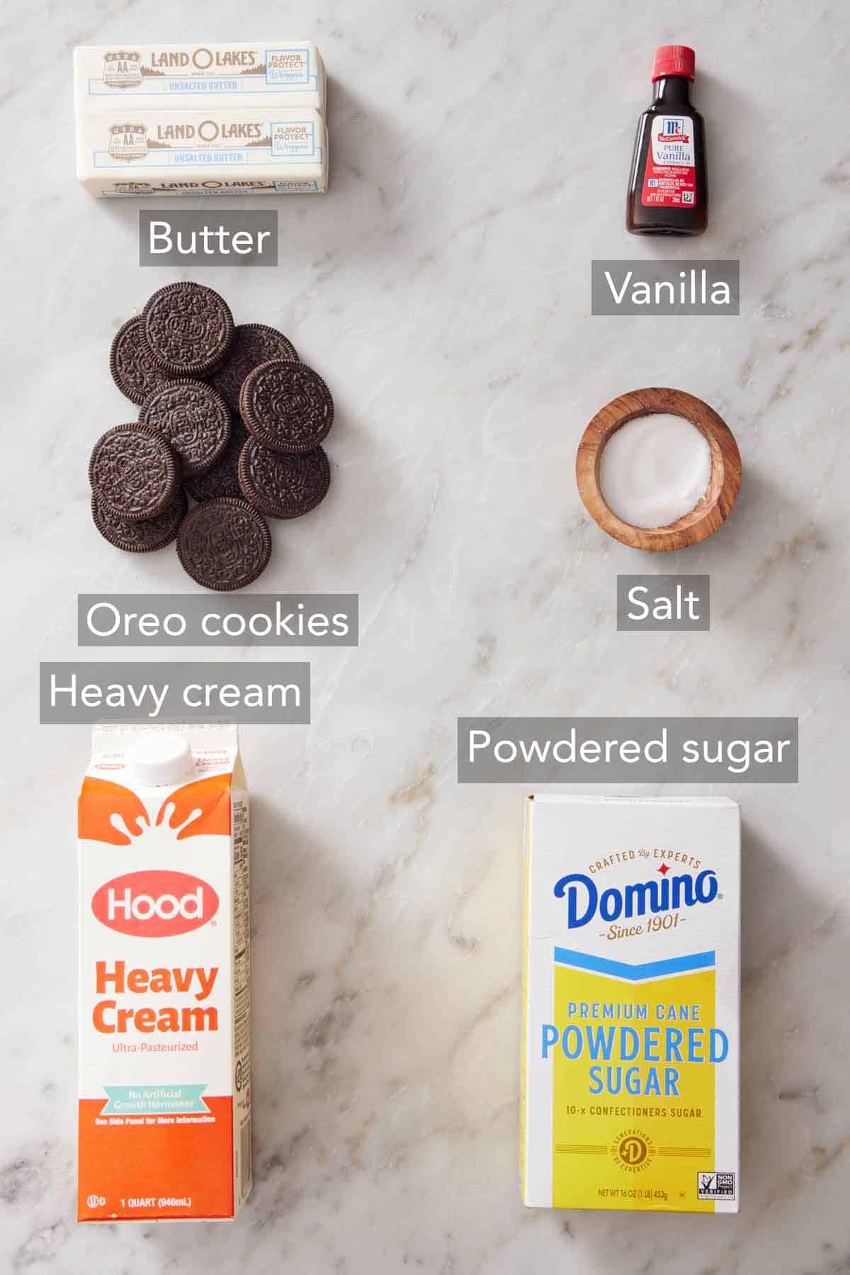 Ingredients needed to make Oreo frosting.