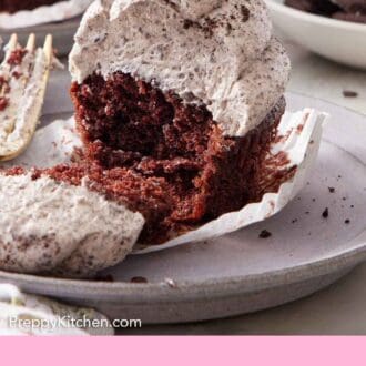 Pinterest graphic of a chocolate cupcake topped with Oreo frosting, with a bite taken, showing the interior.