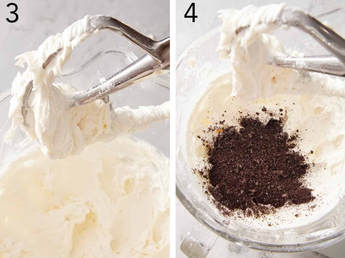 Set of two photos showing frosting whipped with a mixer and Oreo crumbs added to the frosting.